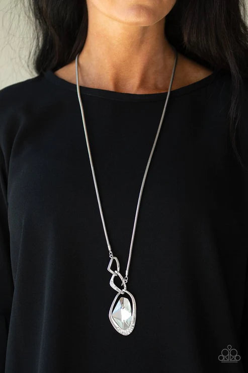 Optical Opulence - Oversized White Faceted Abstract Asymmetrical Nestled Linked Encrusted Necklace N#5928