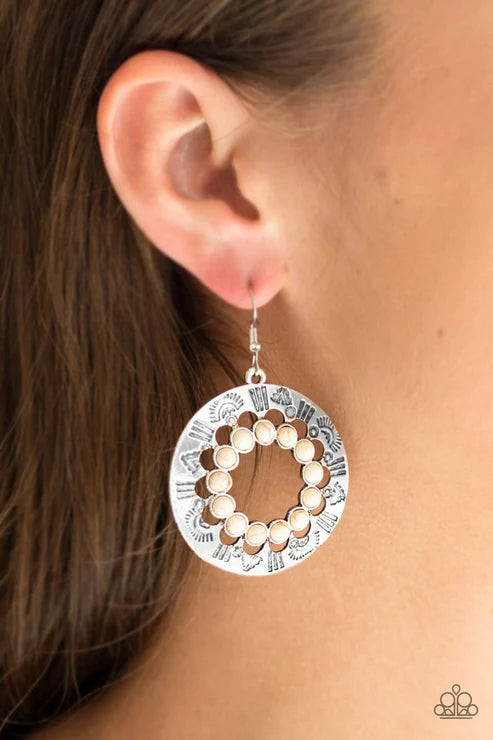 Organically Omega - White Stones Spin Hoop Stamped Tribal Earrings E#6233