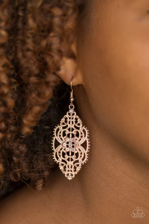 Ornately Ornate - Rose Gold Dotted Swoop/Swirl Filigree Earrings E#4118