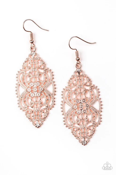 Ornately Ornate - Rose Gold Dotted Swoop/Swirl Filigree Earrings E#4118