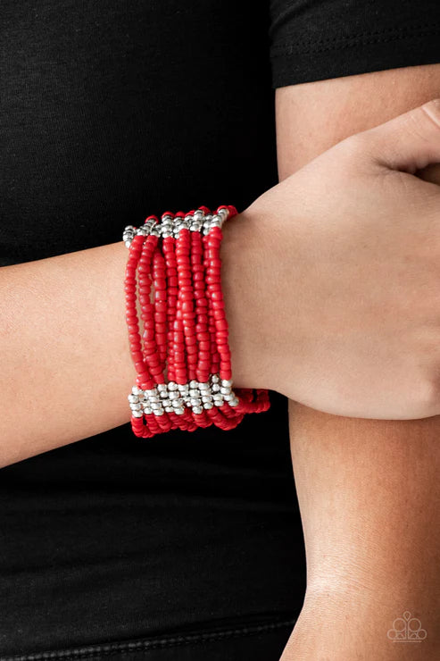 Outback Odyssey - Oversized Red/Silver Metallic Accent Seed Bead Bracelet B#4624