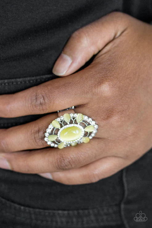 Over The MOONFLOWER - Yellow Encrusted Cat's Eye Moonstone Ring R#6411