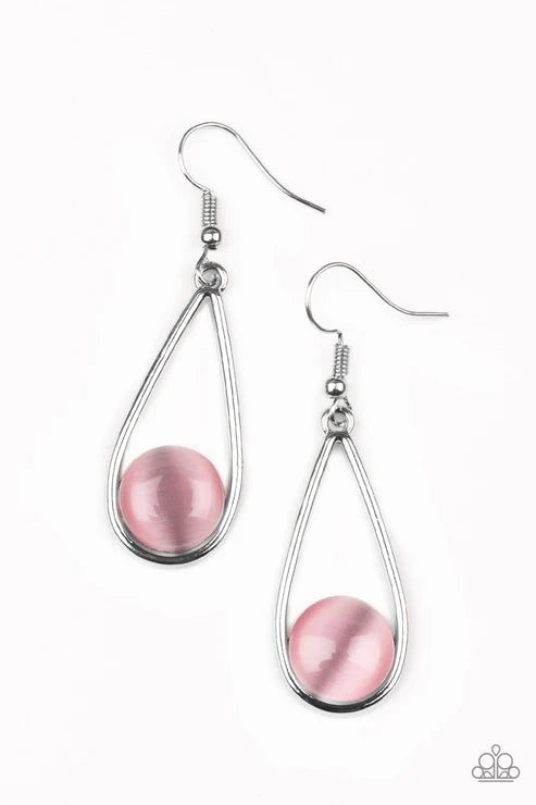 Over The Moon - Pink Airy Nestled Cat's Eye Moonstone Teardrop Earrings E#4968