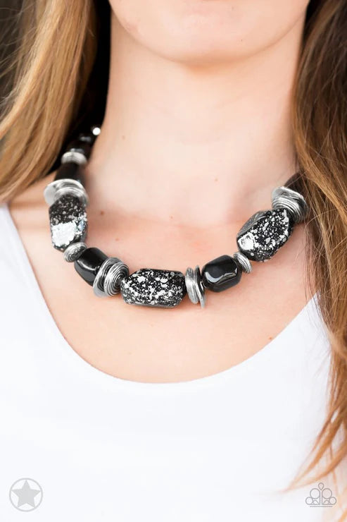 In Good Glazes - Oversized Chunky Black (Black/Silver) Glazed Finish Pearly Speckled Faux Rocks Necklace N#7273