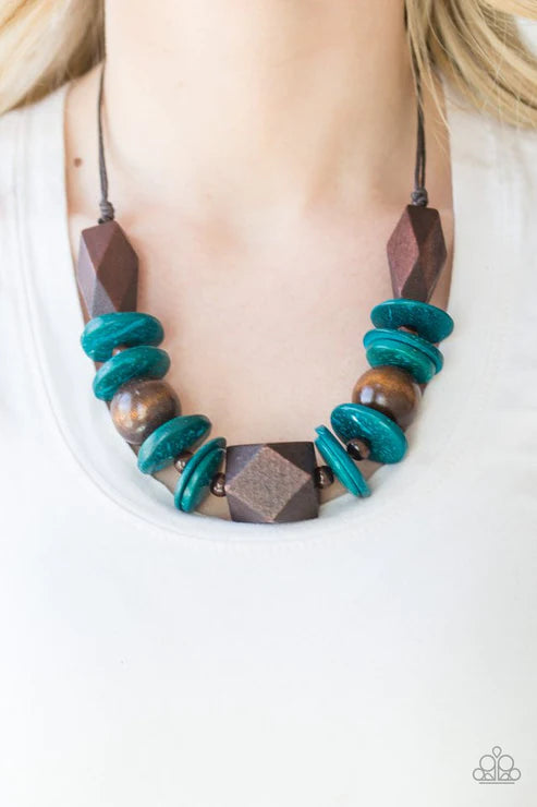 Pacific Paradise - Oversized Blue/Brown Dramatic Abstract Geometric Mismatched Wooden Beads/Accents Shiny Brown Cording Bold Summery Button Loop Closure Necklace N#4898