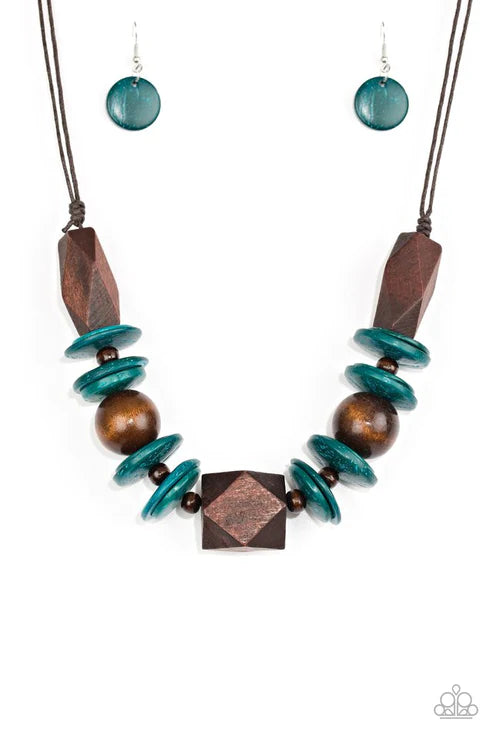 Pacific Paradise - Oversized Blue/Brown Dramatic Abstract Geometric Mismatched Wooden Beads/Accents Shiny Brown Cording Bold Summery Button Loop Closure Necklace N#4898