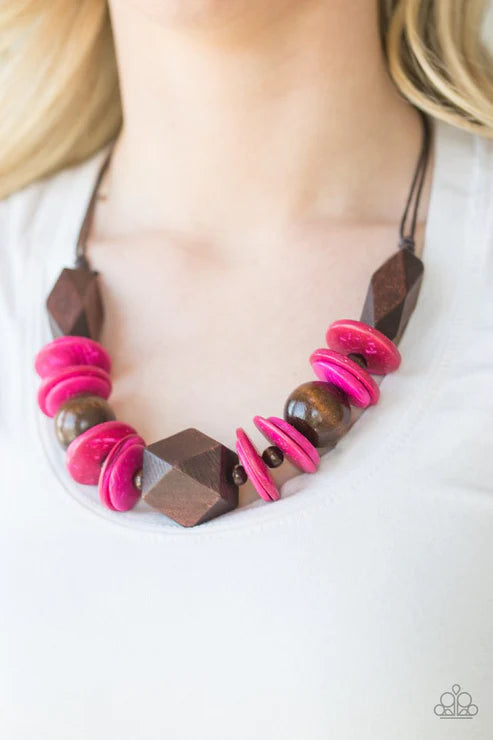 Pacific Paradise - Oversized Pink/Brown Dramatic Abstract Geometric Mismatched Wooden Beads/Accents Shiny Brown Cording Bold Summery Button Loop Closure Necklace N#4822