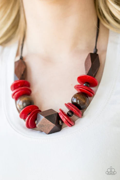 Pacific Paradise - Oversized Red/Brown Dramatic Abstract Geometric Mismatched Wooden Beads/Accents Shiny Brown Cording Bold Summery Button Loop Closure Necklace N#4875
