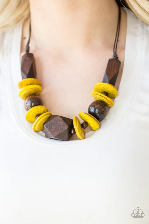 Pacific Paradise - Oversized Yellow/Brown Dramatic Abstract Geometric Mismatched Wooden Beads/Accents Shiny Brown Cording Bold Summery Button Loop Closure Necklace N#6459