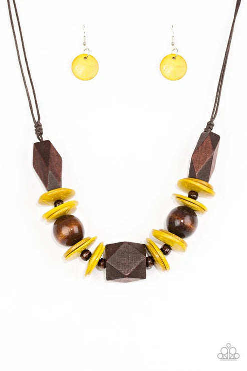 Pacific Paradise - Oversized Yellow/Brown Dramatic Abstract Geometric Mismatched Wooden Beads/Accents Shiny Brown Cording Bold Summery Button Loop Closure Necklace N#6459