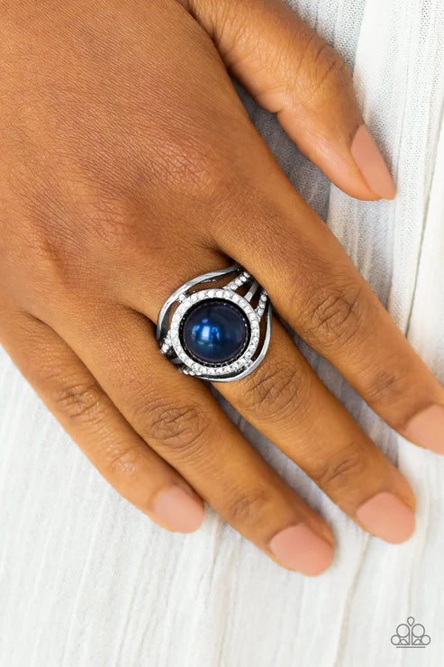Pampered In Pearls - Oversized Blue Metallic Pearl Drop Flare Encrusted Ring R#6497