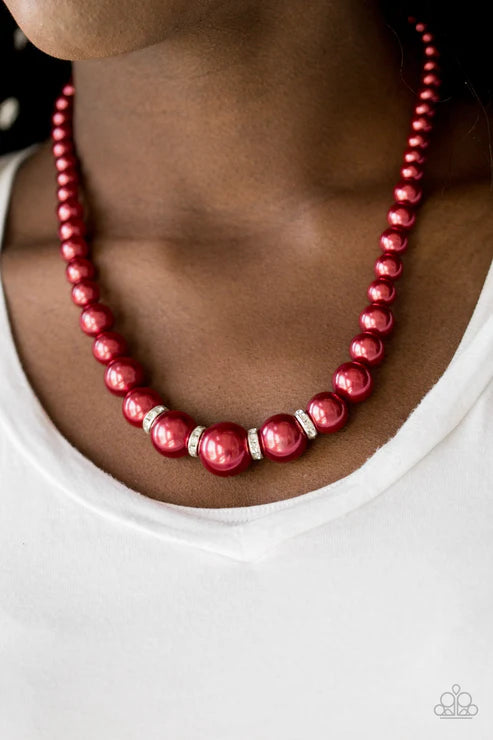 Party Pearls - Oversized Luminescent Red Pearl Encrusted Necklace N#6348