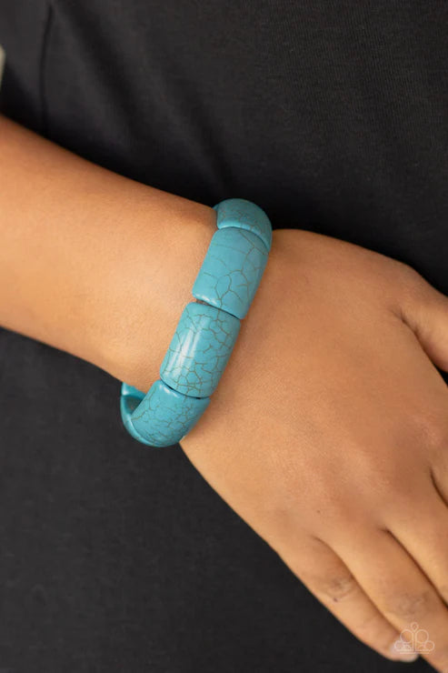 Peace Out - Oversized Blue Chiseled Smooth Rectangular Hearty Stone Links Bracelet B#6496