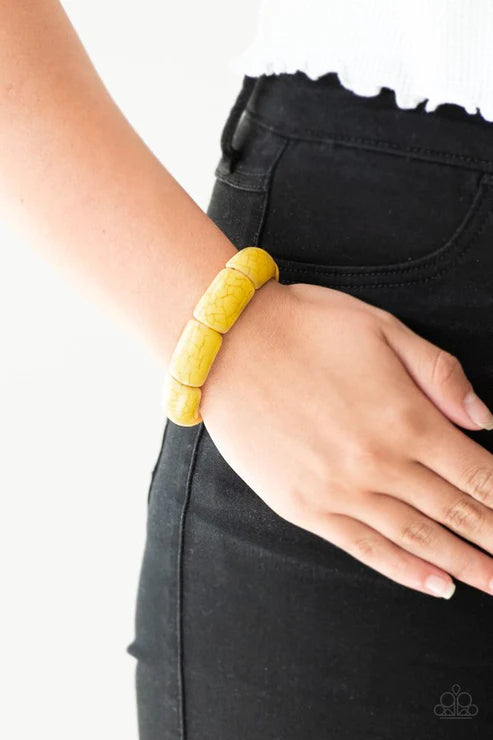 Peace Out - Oversized Yellow Chiseled Smooth Rectangular Hearty Stone Links Bracelet B#3691
