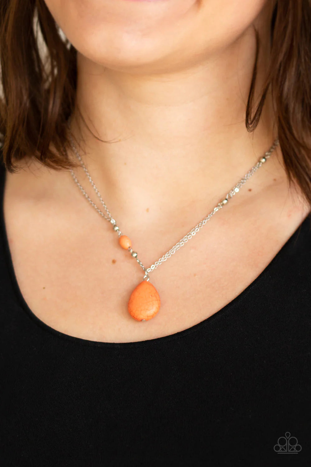 Peaceful Prairies - Orange Dotted Accent Stone Teardrop Pendant Necklace N#738