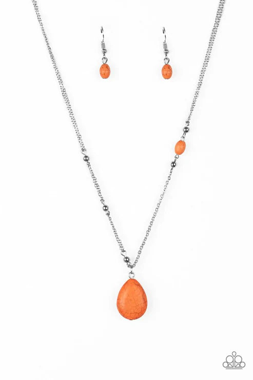 Peaceful Prairies - Orange Dotted Accent Stone Teardrop Pendant Necklace N#738
