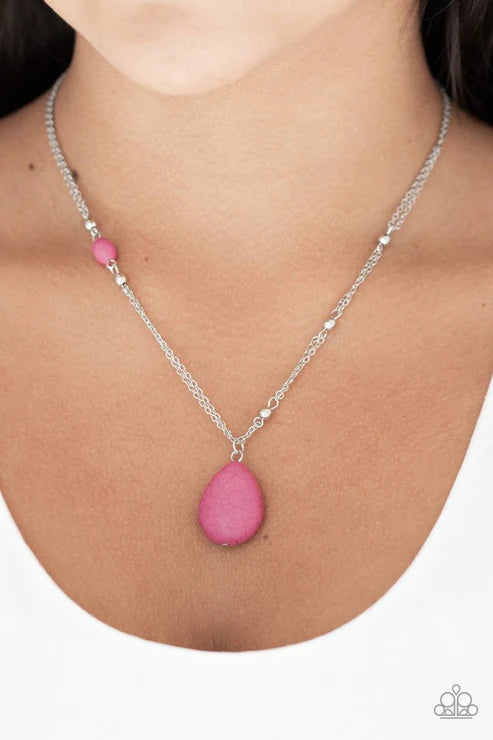 Peaceful Prairies - Pink Dotted Accent Stone Teardrop Pendant Necklace N#5711