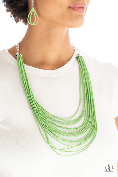 Peacefully Pacific - Oversized Green Infused Layered Seed Bead Necklace N#4620