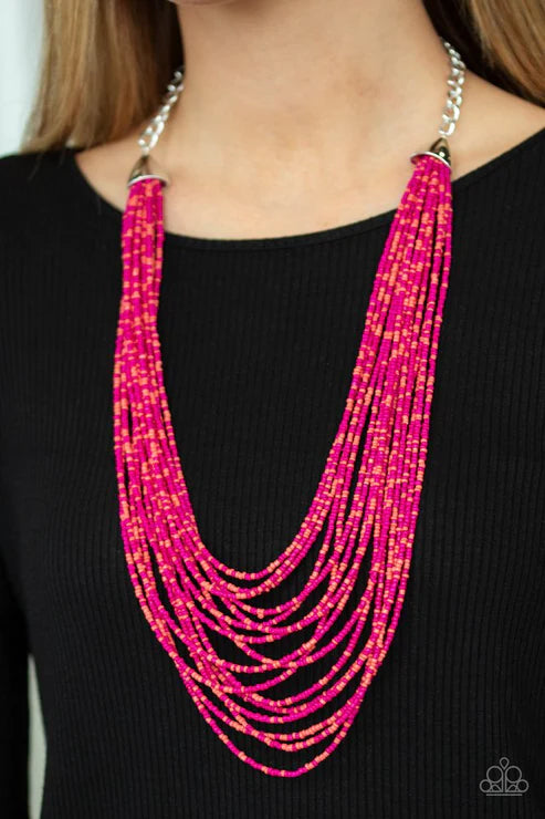 Peacefully Pacific - Oversized Multi (Pink/Orange) Infused Layered Seed Bead Necklace N#4139