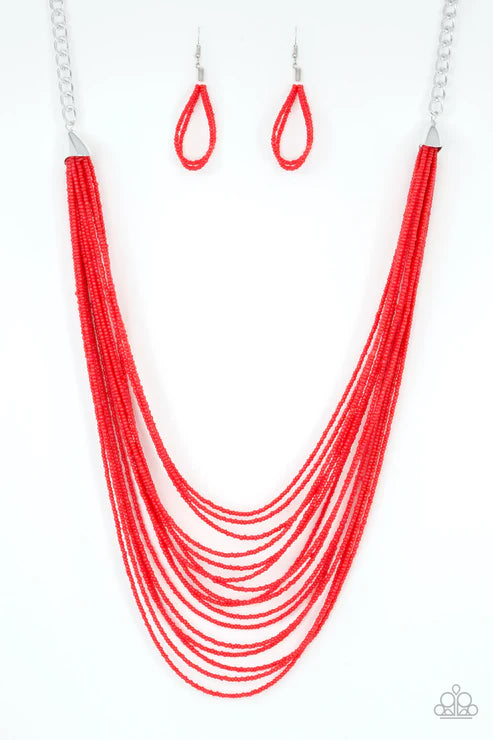 Peacefully Pacific - Oversized Red Infused Layered Seed Bead Necklace N#4623