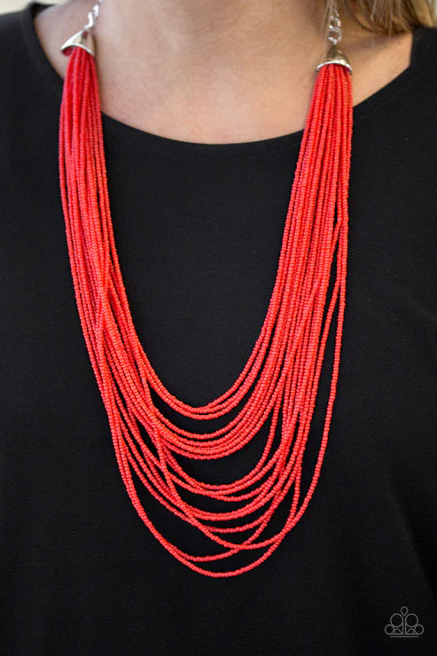 Peacefully Pacific - Oversized Red Infused Layered Seed Bead Necklace N#4623