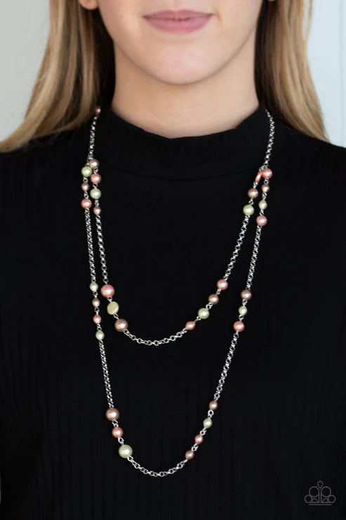 Pearl Promenade - Multi (Brown/Coral/Yellow) Trickle Pearl Duo Chain Necklace N#3036