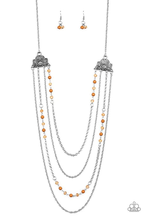 Pharaoh Finesse - Oversized Brown Polished/Glassy Pharaoh Ornate Floral Crystal Cascade Necklace N#3652