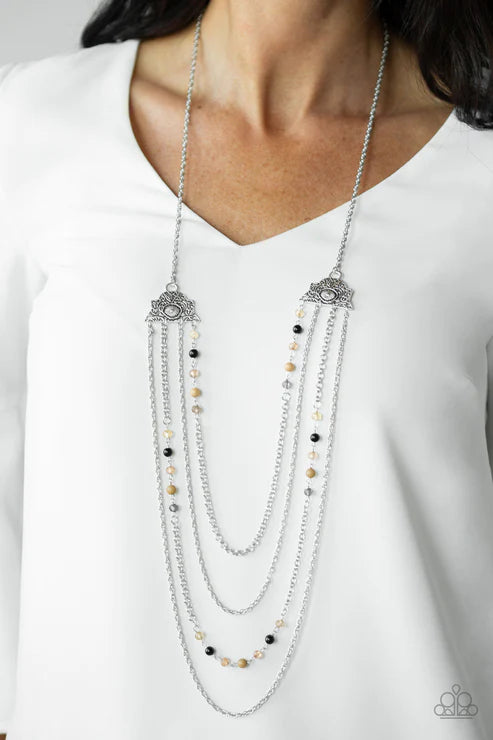 Pharaoh Finesse - Oversized Multi (Brown/Black) Polished/Glassy Pharaoh Ornate Floral Crystal Cascade Necklace N#3651