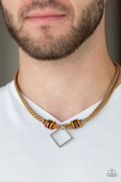 Pier Square - Brown Metallic Wooden Accent Duo Braided Square Slide Along Button Loop Closure Urban Necklace N#2919