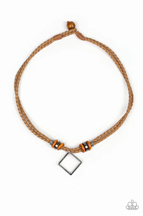 Pier Square - Brown Metallic Wooden Accent Duo Braided Square Slide Along Button Loop Closure Urban Necklace N#2919