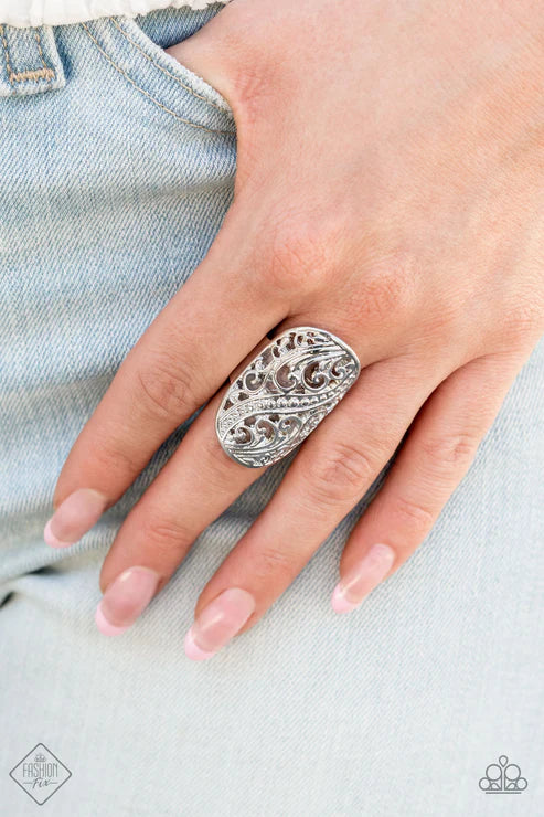 Pier Paradise - Oversized Silver Oval Antiqued Airy Dotted Frills Swirl Blossoming Botanical Allure Ring #7221
