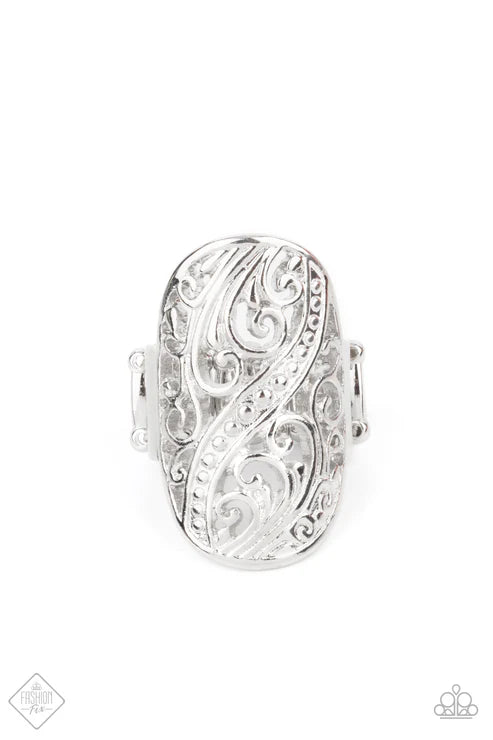 Pier Paradise - Oversized Silver Oval Antiqued Airy Dotted Frills Swirl Blossoming Botanical Allure Ring #7221
