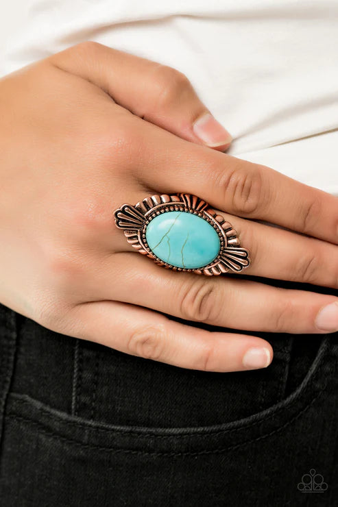 Pioneer Party - Oversized Copper/Blue Antiqued Linear Textured Scalloped Flared Stone Ring R#5344