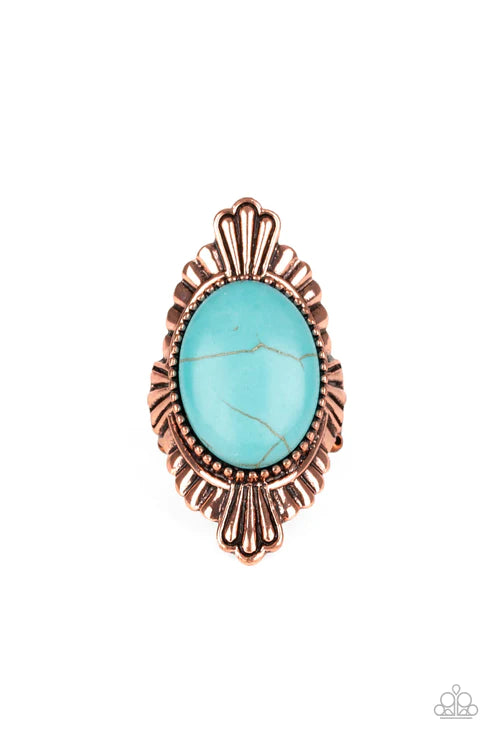 Pioneer Party - Oversized Copper/Blue Antiqued Linear Textured Scalloped Flared Stone Ring R#5344