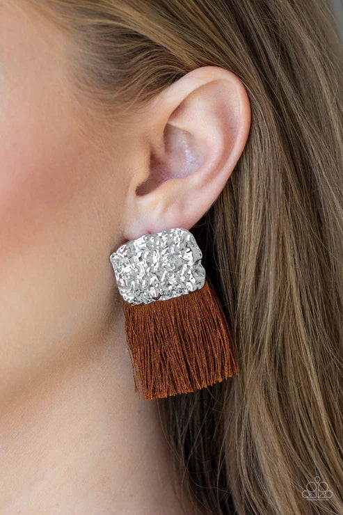 Plume Bloom - Brown Plume Thread Streams Hammered Tassel Earrings E#3723