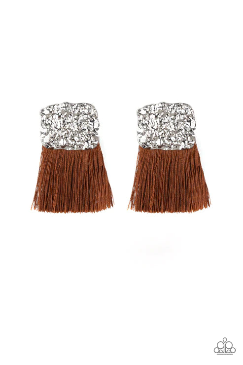Plume Bloom - Brown Plume Thread Streams Hammered Tassel Earrings E#3723