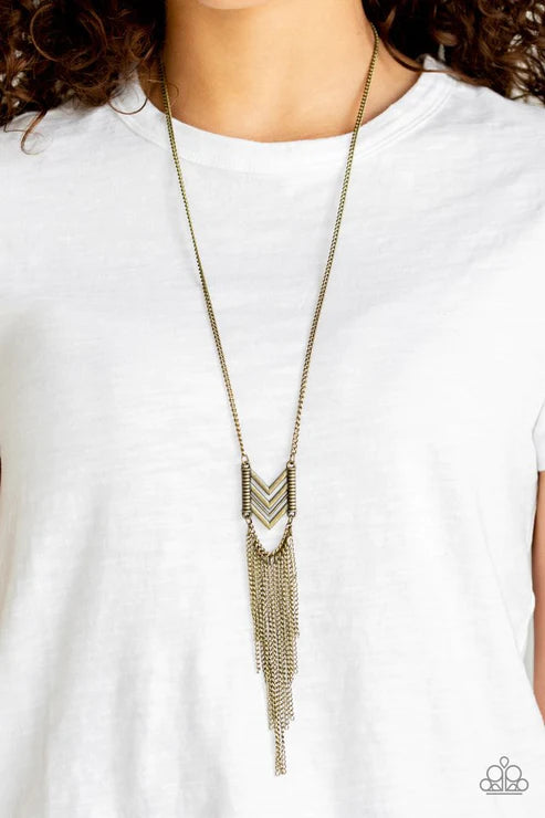 Point Taken - Brass Stacked Chevron Tassel Tribal Necklace N#5412