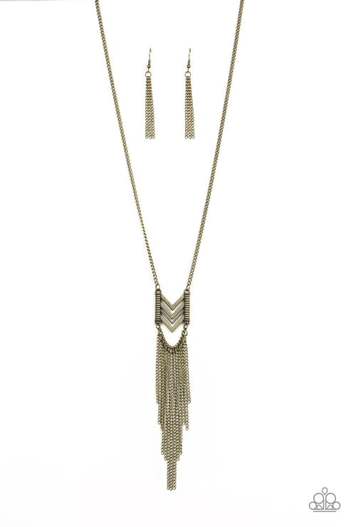 Point Taken - Brass Stacked Chevron Tassel Tribal Necklace N#5412