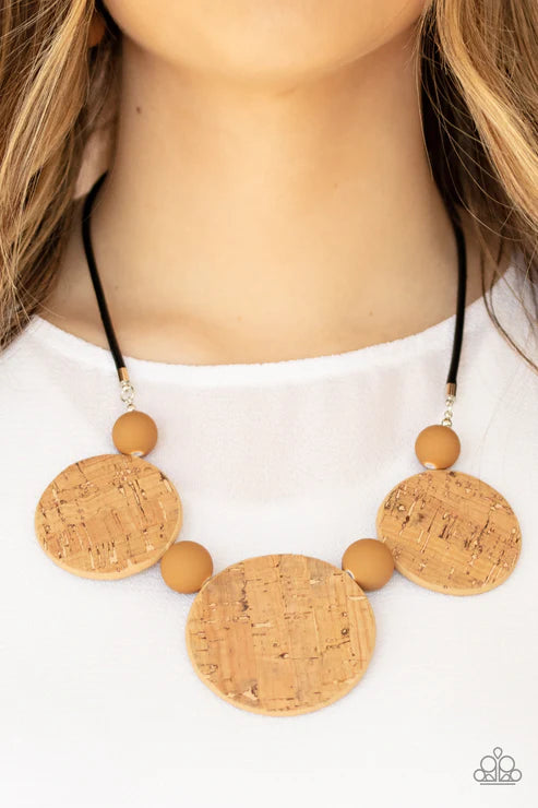 Pop The Cork - Oversized Brown/Brown Matte Bead Cork Necklace N#3124