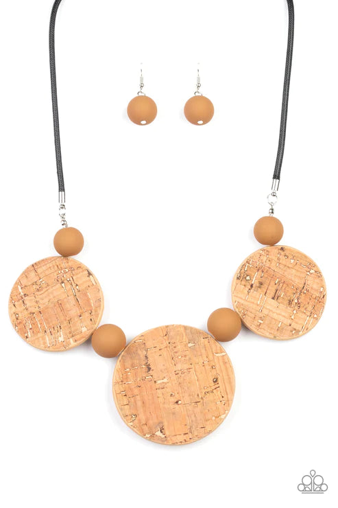 Pop The Cork - Oversized Brown/Brown Matte Bead Cork Necklace N#3124