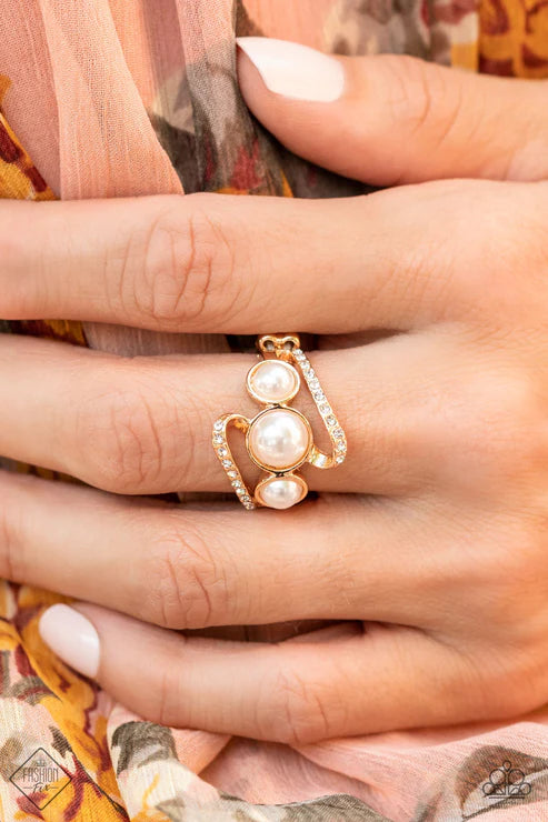 Posh Progression - Bubbly Gold Pearl Encrusted Ribbon Whirl Ring R#6689