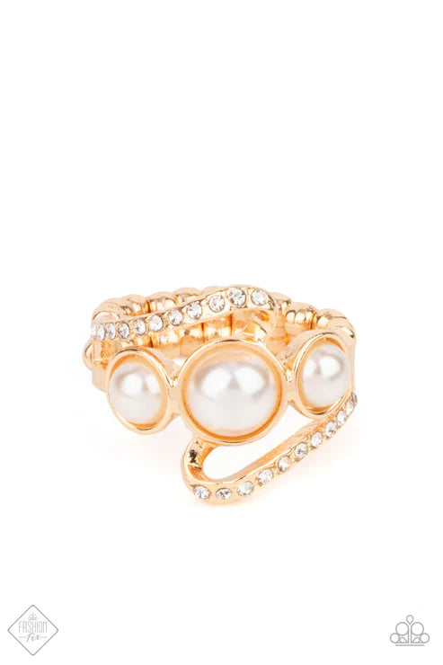 Posh Progression - Bubbly Gold Pearl Encrusted Ribbon Whirl Ring R#6689
