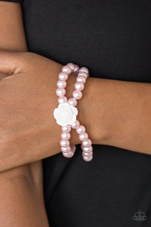Posh and Posy - Pink Connected Flirty White Resin Rose Pearls Vintage Bracelet B#4436