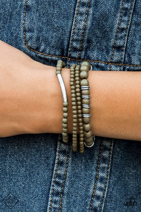 Positively Pioneer - Green (Martini Olive) Gritty Antiqued Matte Mismatched Accent Bracelet Stack B#7207