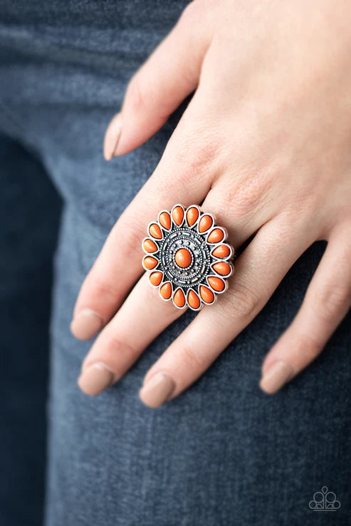 Posy Paradise - Oversized Orange Flower Petals Flare Textured Stone Ring R#5801