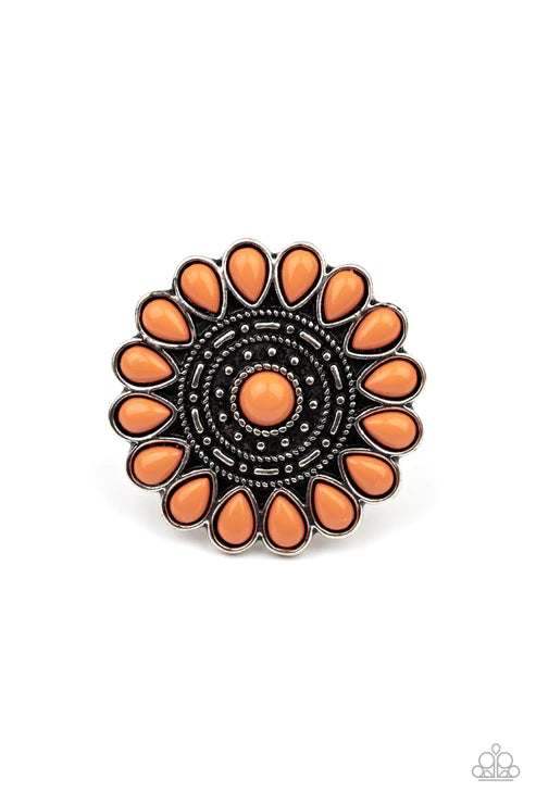 Posy Paradise - Oversized Orange Flower Petals Flare Textured Stone Ring R#5801