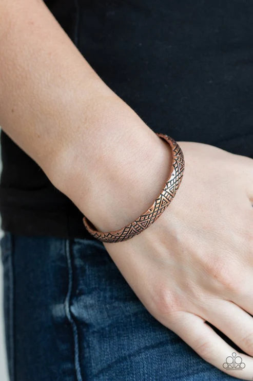 Power Pack - Copper Stamped Geometrical Tribal Curled Cuff Bracelet B#4764