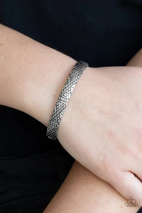 Power Pack - Silver Stamped Geometrical Tribal Curled Cuff Bracelet B#4733