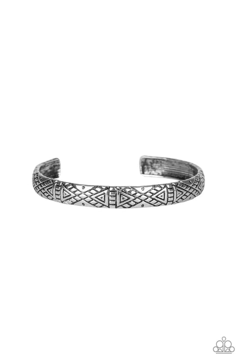 Power Pack - Silver Stamped Geometrical Tribal Curled Cuff Bracelet B#4733
