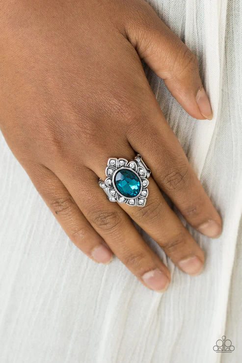 Power Behind The Throne - Blue Glassy Marquise Regal Encrusted Ring R#6855